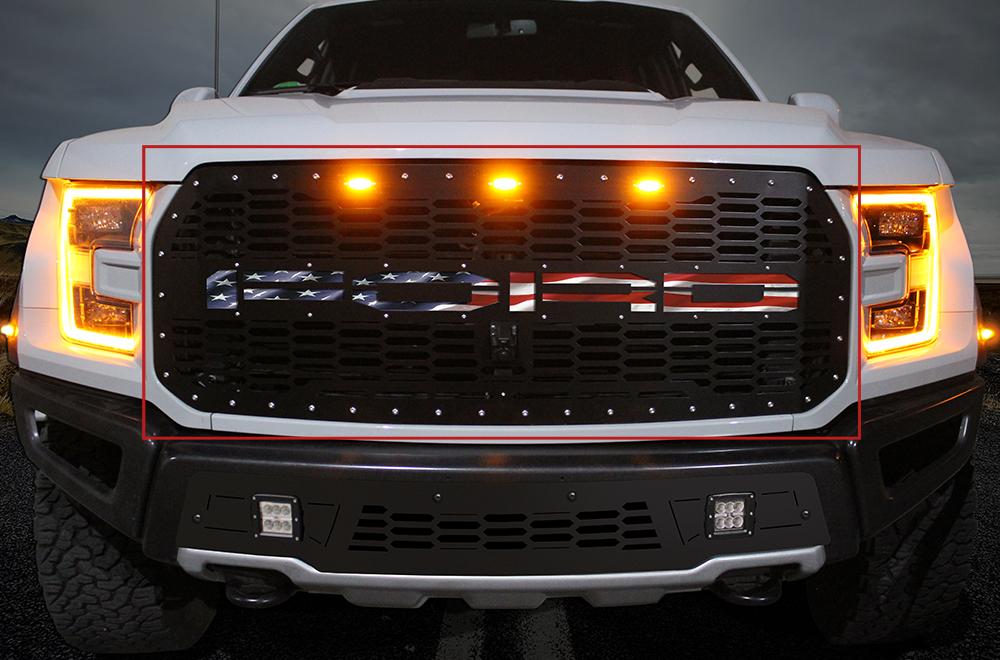 1 Piece Steel Grille for Ford Raptor SVT 2017-2018 - FORD w/ AMERICAN FLAG UNDERLAY-atv motorcycle utv parts accessories gear helmets jackets gloves pantsAll Terrain Depot