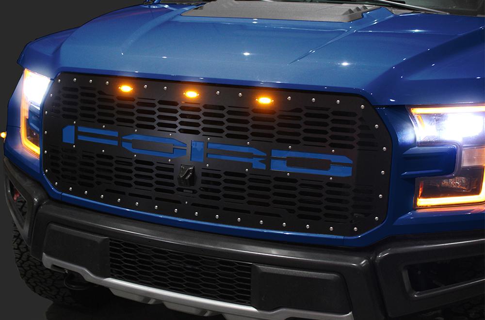 1 Piece Steel Grille for Ford Raptor SVT 2017-2018 - FORD w/ BLUE ACRYLIC UNDERLAY-atv motorcycle utv parts accessories gear helmets jackets gloves pantsAll Terrain Depot