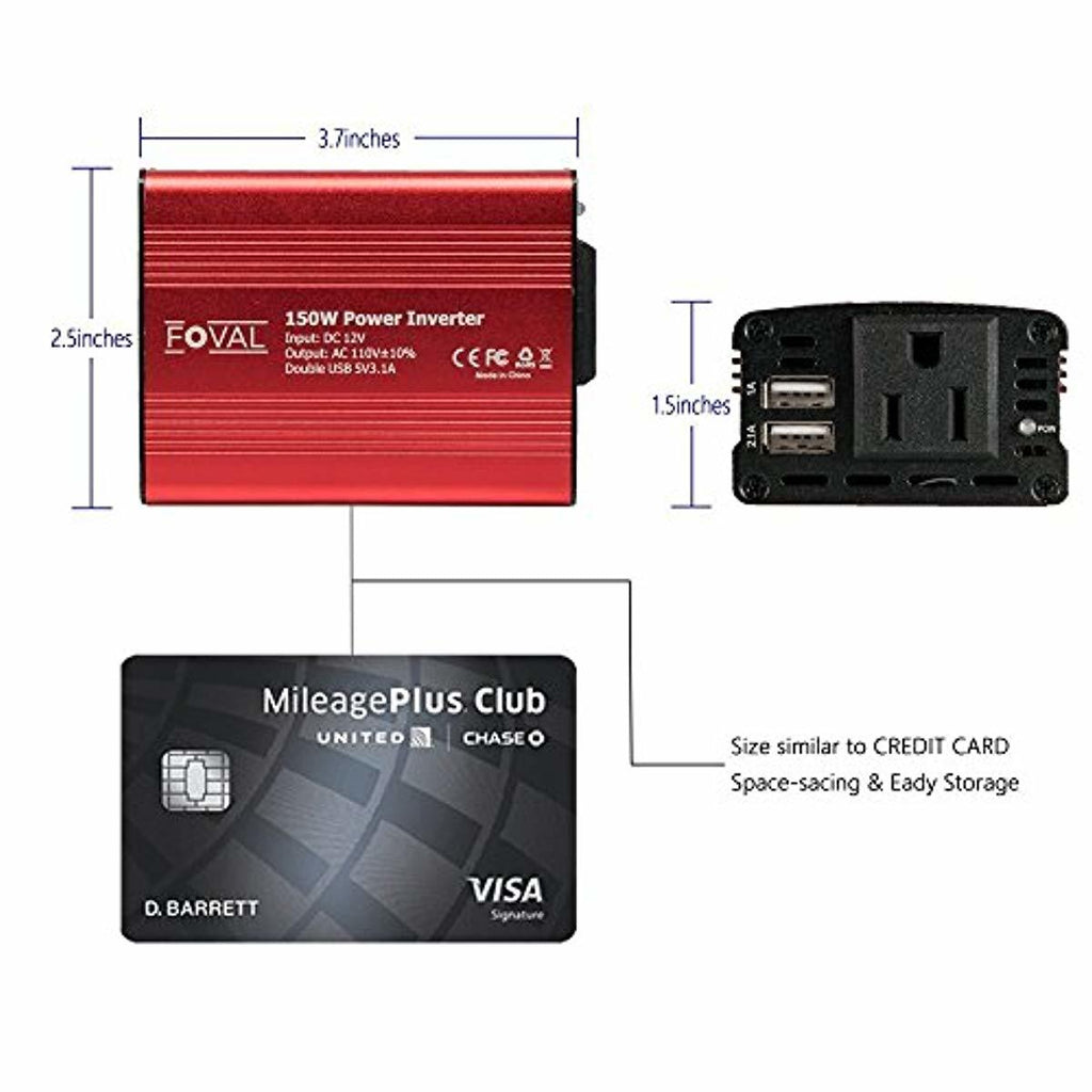 FOVAL 150W Car Power Inverter DC 12V to 110V AC Converter with 3.1A Dual USB Car Charger-atv motorcycle utv parts accessories gear helmets jackets gloves pantsAll Terrain Depot