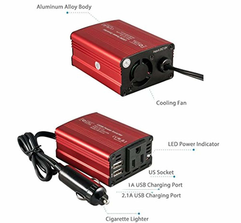 FOVAL 150W Car Power Inverter DC 12V to 110V AC Converter with 3.1A Dual USB Car Charger-atv motorcycle utv parts accessories gear helmets jackets gloves pantsAll Terrain Depot