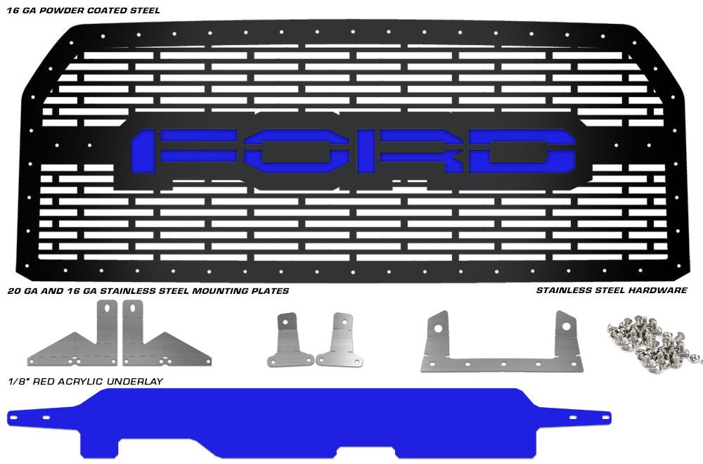 1 Piece Steel Grille for Ford F150 2015-2017 - FORD with BLUE ACRYLIC UNDERLAY-atv motorcycle utv parts accessories gear helmets jackets gloves pantsAll Terrain Depot